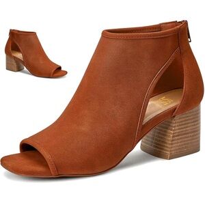 Chunky High Heel Booties Suede Open Toe Side Cut-Out Ankle Boots